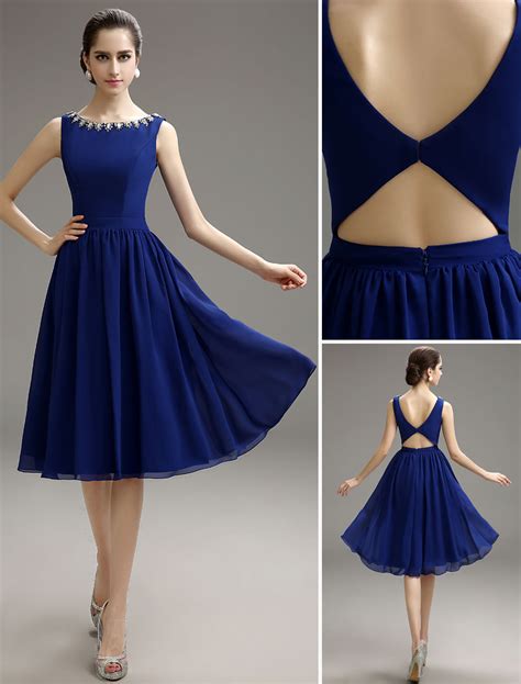 knee length royal blue dress.